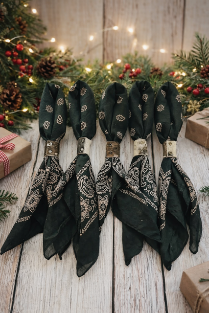 Black Vintage Style Hand Dyed Bandanas with Genuine Cowhide Slides