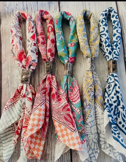 The Heirloom Collection Hand Dyed Boho Bandana Scarves with Genuine Cowhide Slides
