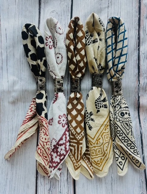 Vintage Style Hand Dyed Brown Boho Bandana Scarves with Genuine Cowhide Slides